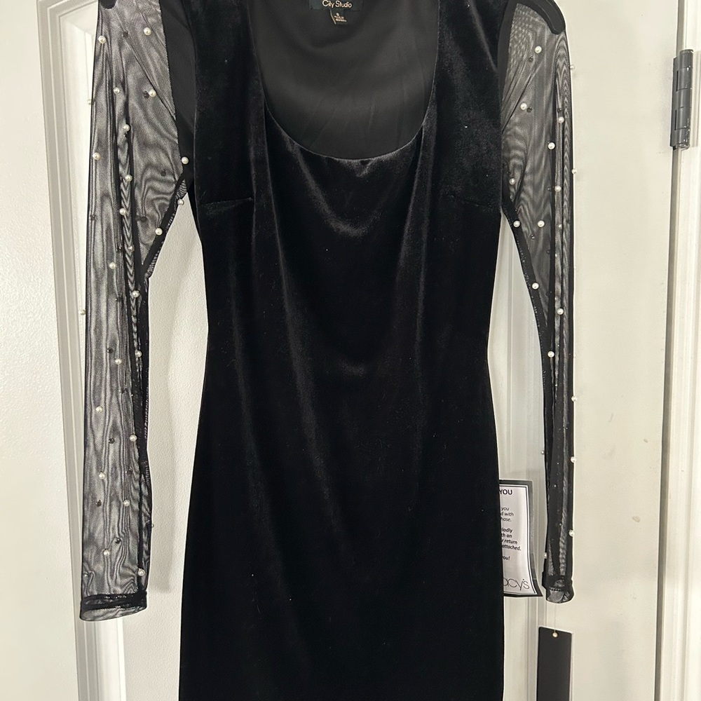Elegant Black Velvet Dress with Sheer Sleeves